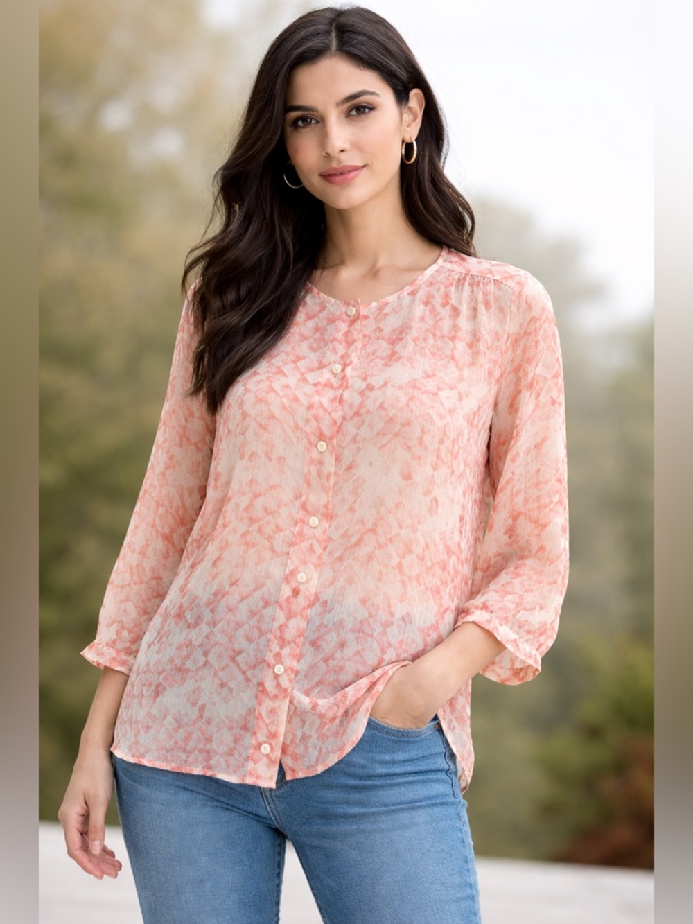 CAbi Women's XS Emerson
Crinkle 100% Silk Button Front Sheer
3/4 Sleeve Top